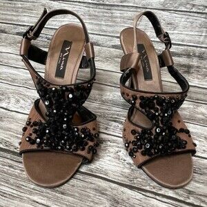 Nina Beaded Cutout Heeled Sandals Rust Brown Black Size 6.5